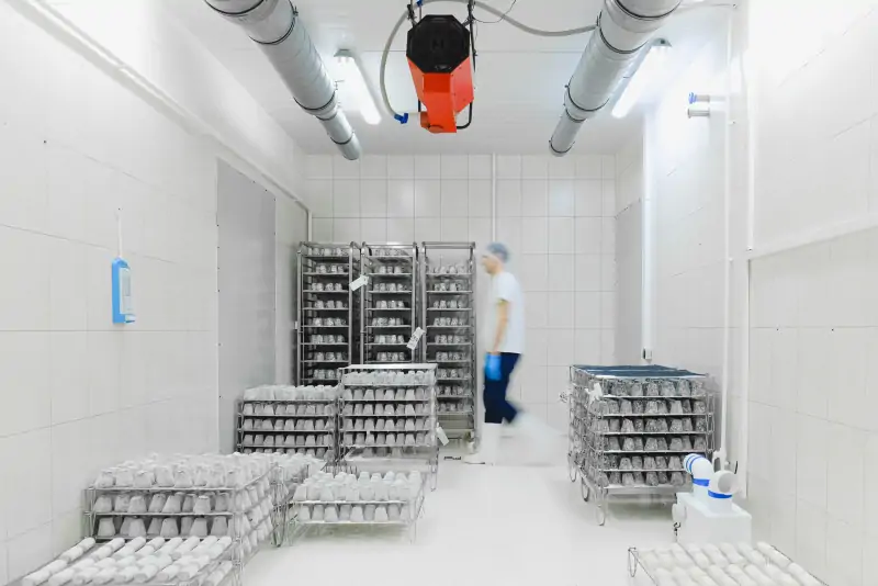 White walk-in cold store with trolleys of trays and a worker in protective clothing