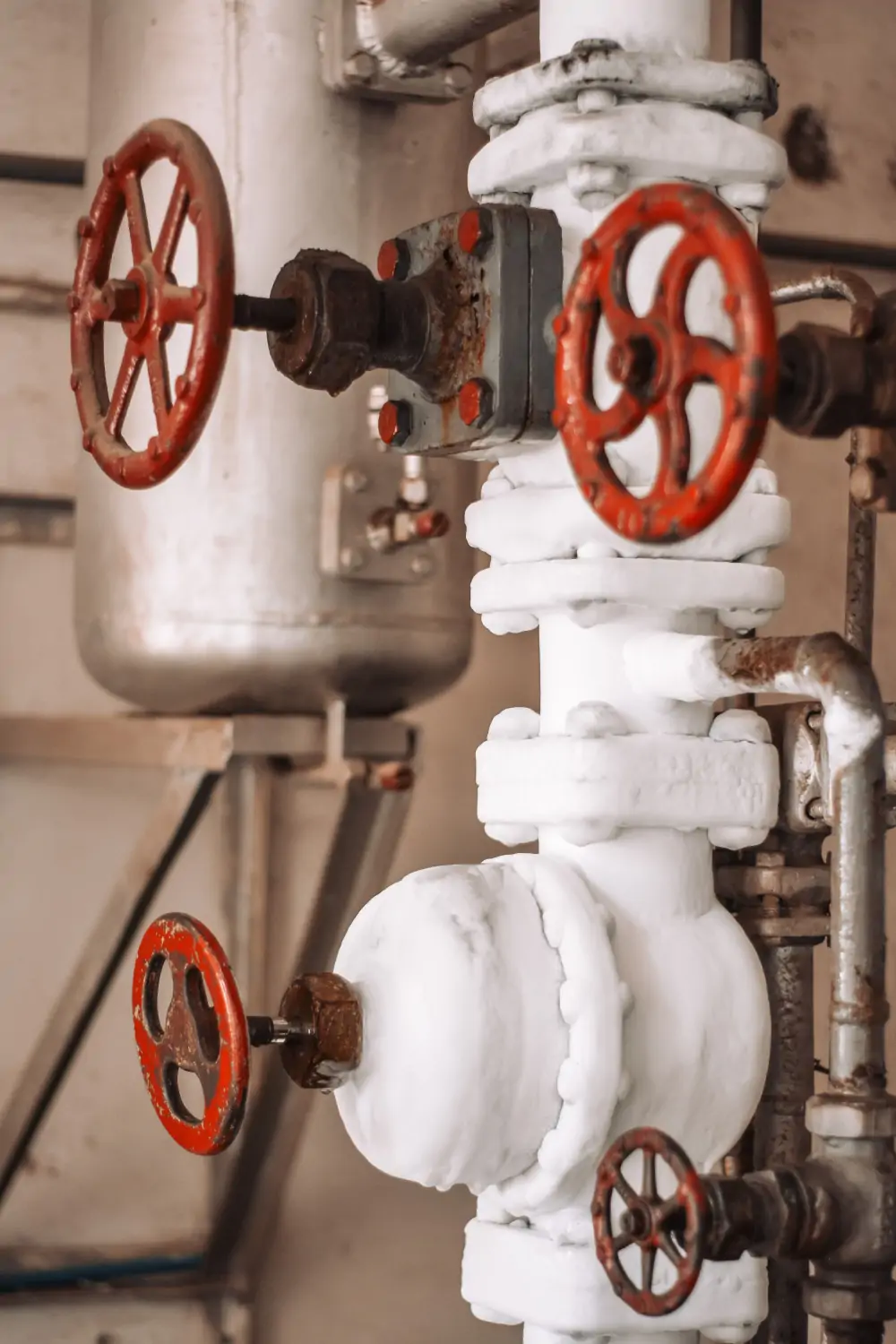 Frost-covered refrigeration valves and pipework with red handwheels